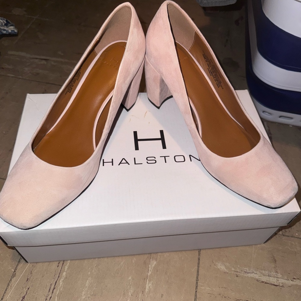 Halston Heritage Blush Suede Block Heel Pumps